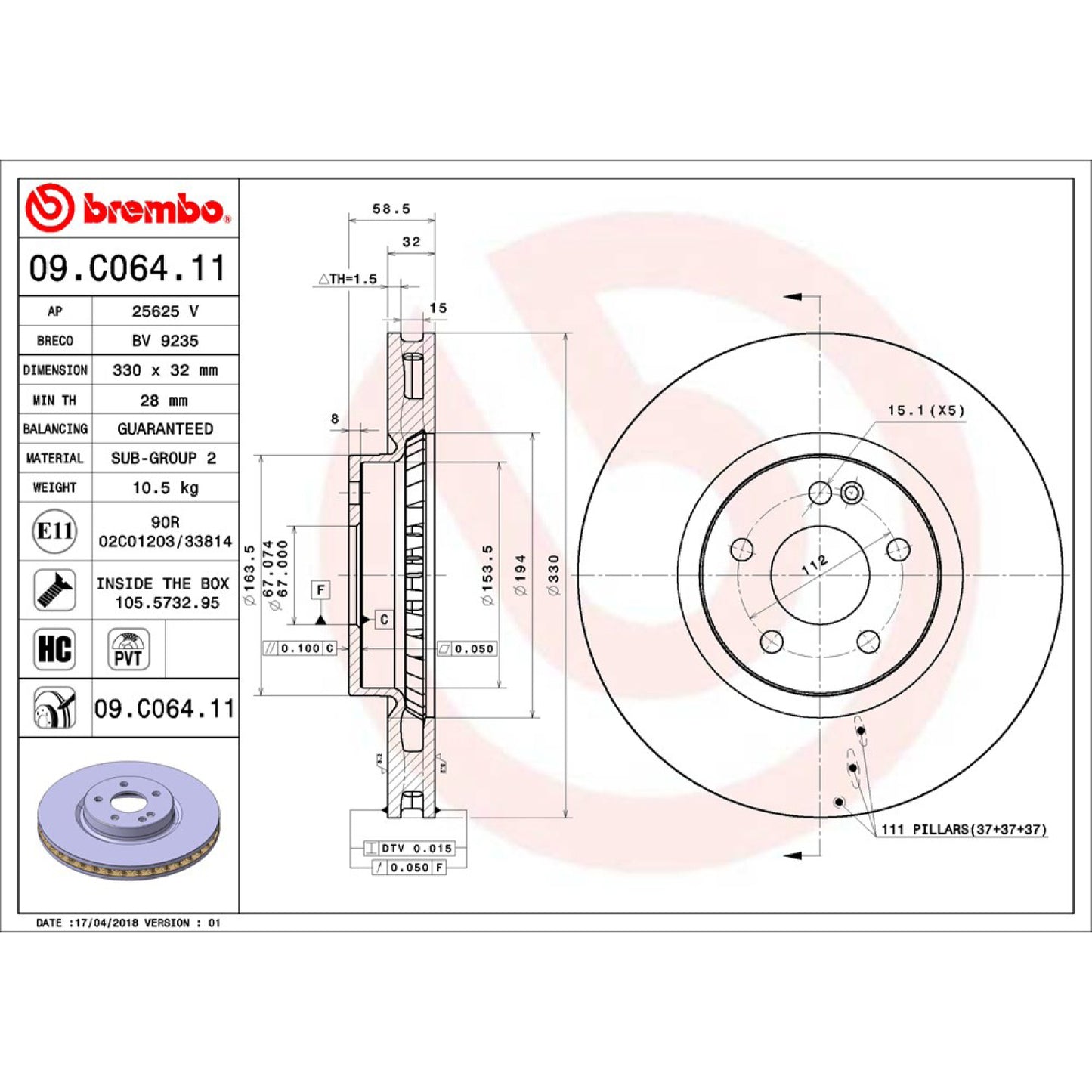 BRE-09.C064.11 - PAR DE DISCOS DE FRENO DELANTEROS PARA MERCEDES-BENZ V220D AVANTGARDE 2016-2019