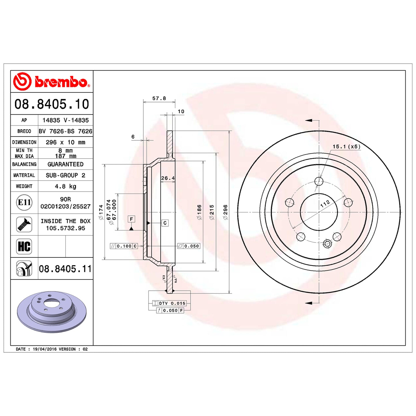 BRE-08.8405.11 - PAR DE DISCOS DE FRENO TRASEROS PARA MERCEDES-BENZ VITO BASE 2009-2013