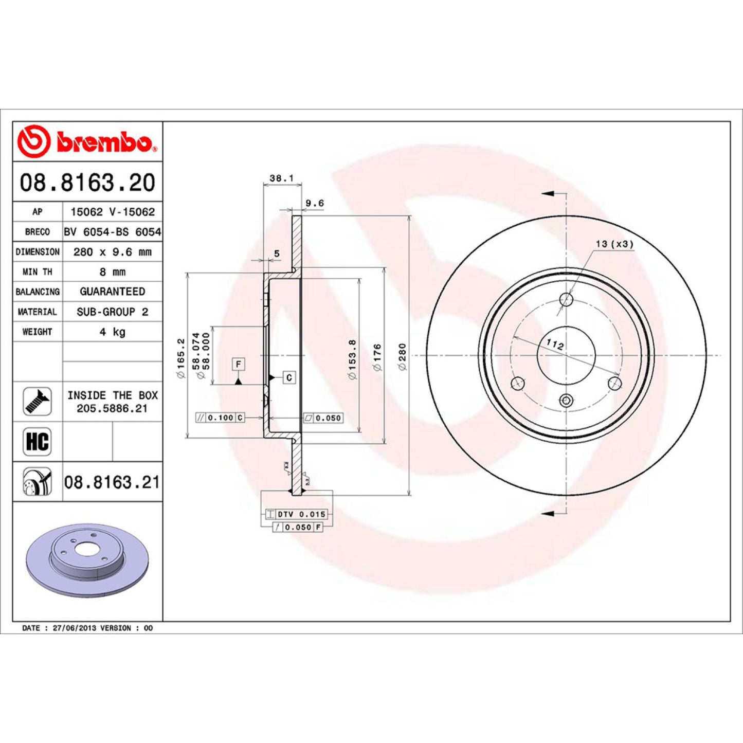 BRE-08.8163.20 - PAR DE DISCOS DE FRENO DELANTEROS PARA SMART FORTWO BO CONCEPT 2014-2014