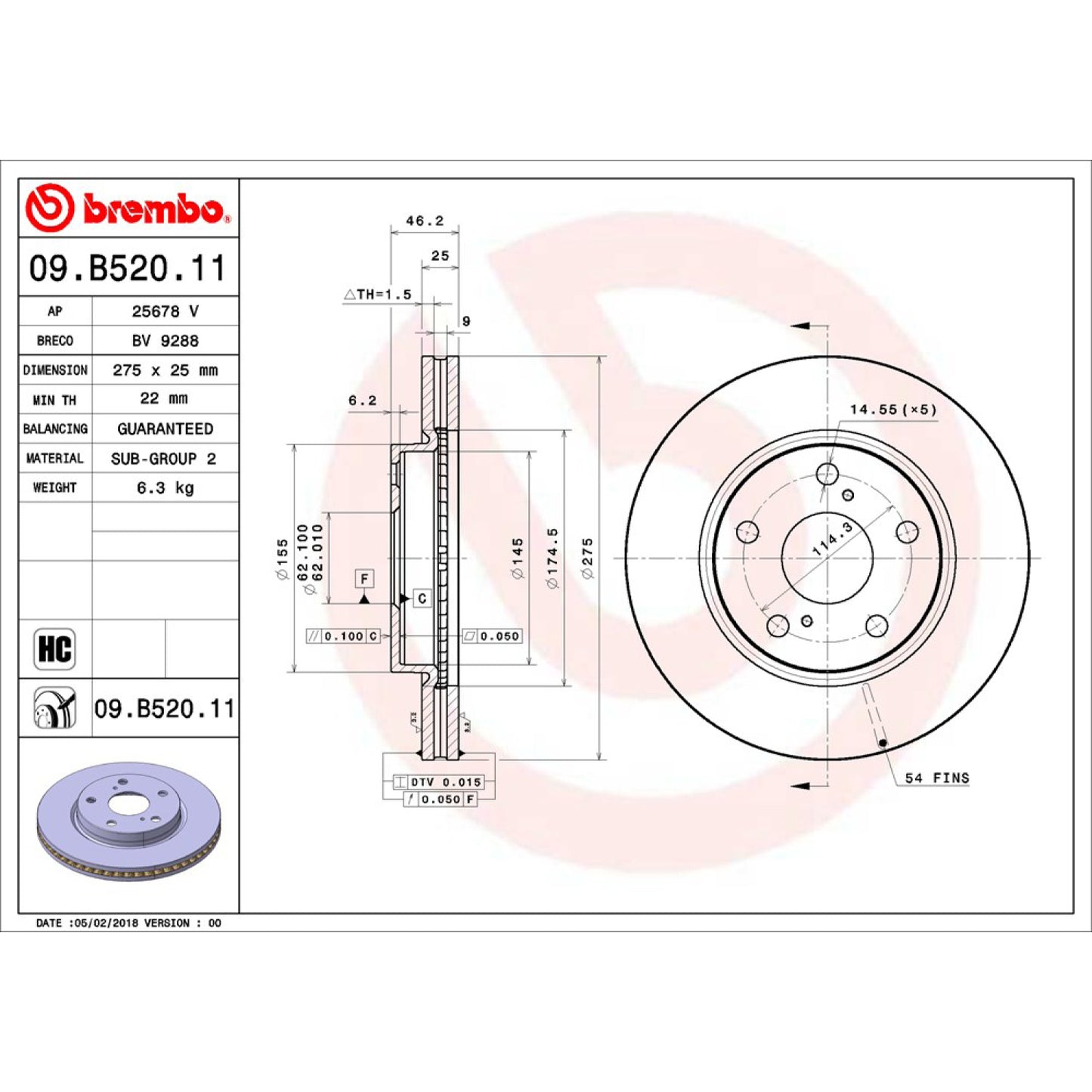 BRE-09.B520.10 - PAR DE DISCOS DE FRENO DELANTEROS PARA TOYOTA RAV4 BASE 2.4 4 2006-2008