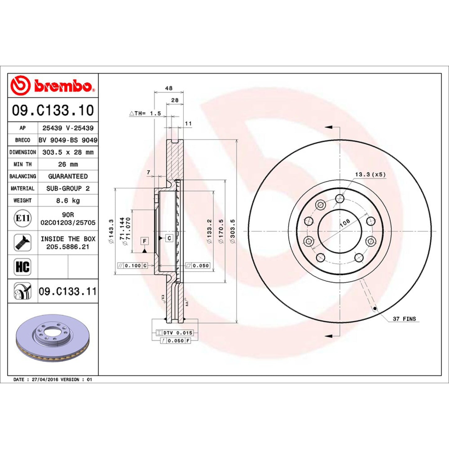 BRE-09.C133.11 - PAR DE DISCOS DE FRENO DELANTEROS PARA PEUGEOT 3008 ALLURE 2018-2019