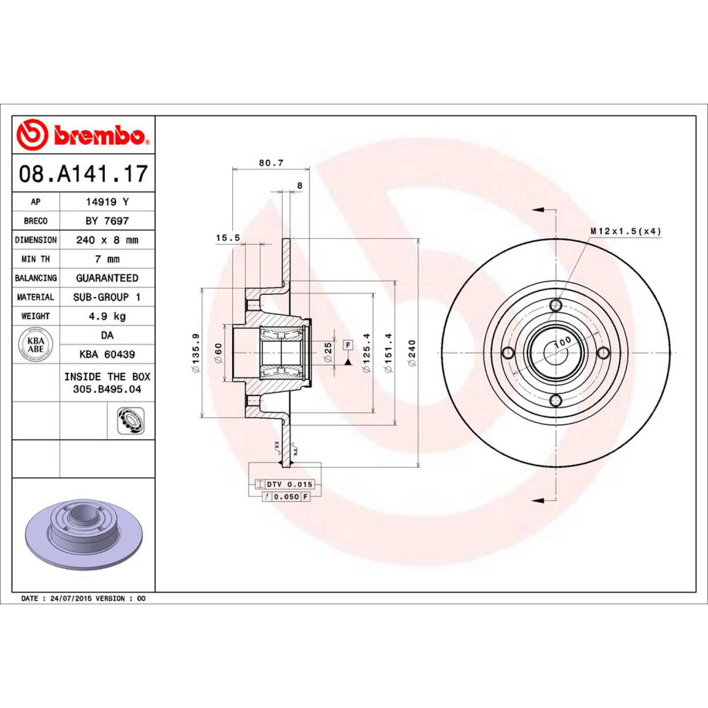 BRE-08.A141.17 - PAR DE DISCOS DE FRENO TRASEROS PARA RENAULT CLIO BLUE EDITION 2004-2004