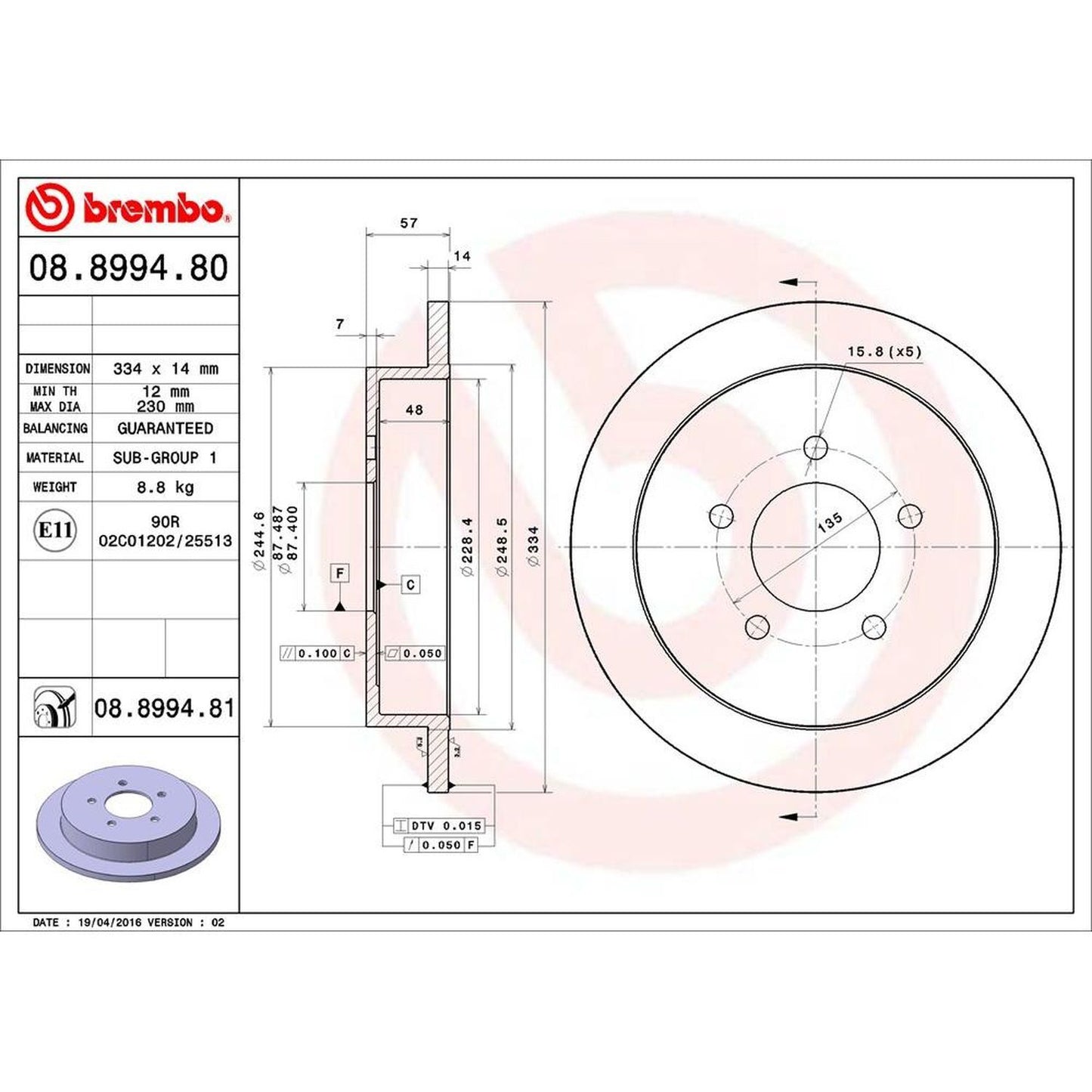 BRE-08.8994.81 - PAR DE DISCOS DE FRENO TRASEROS PARA FORD EXPEDITION EDDIE BAUER 1997-2002