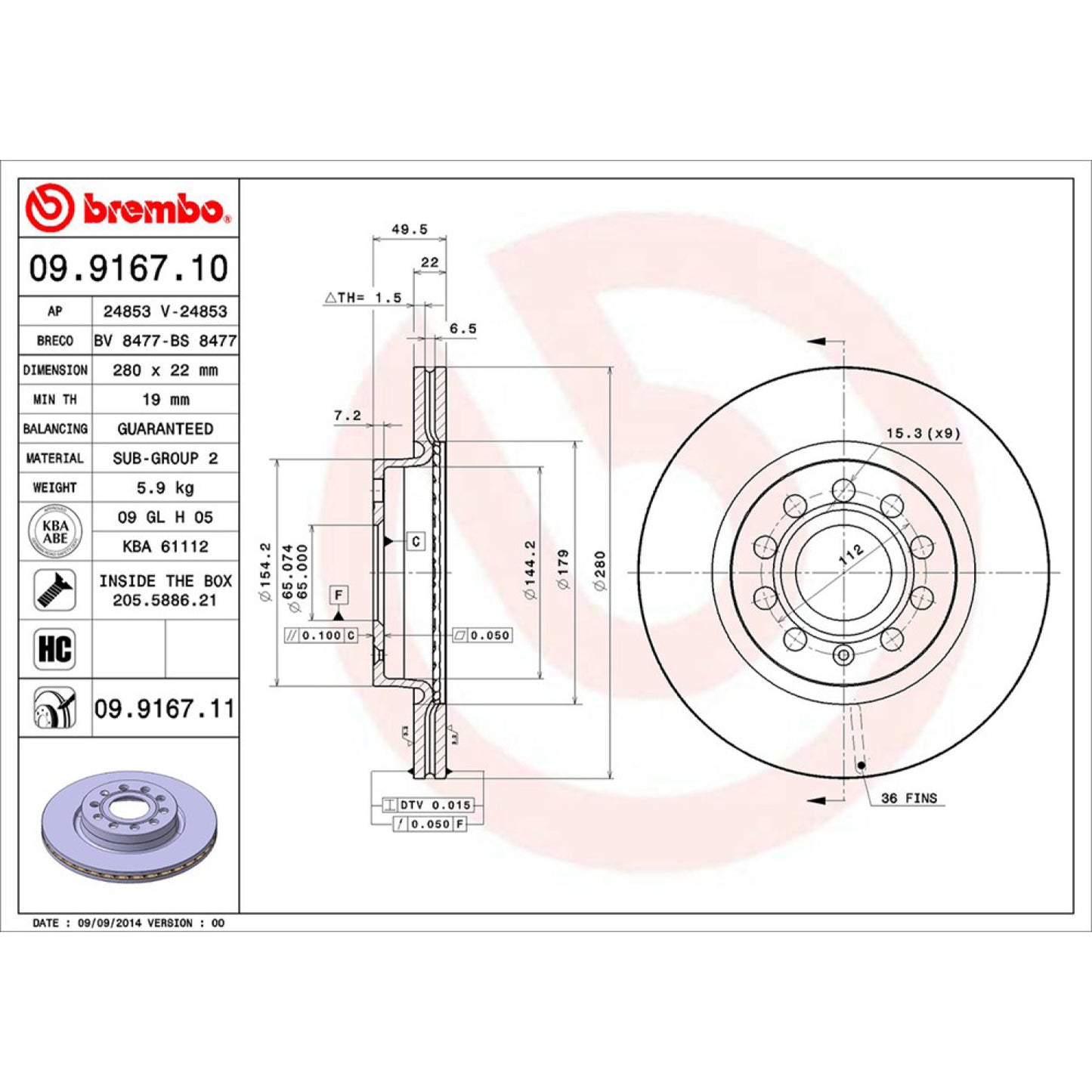 BRE-09.9167.10 - PAR DE DISCOS DE FRENO DELANTEROS PARA AUDI A3 AMBIENTE 1.4 4 2008-2013