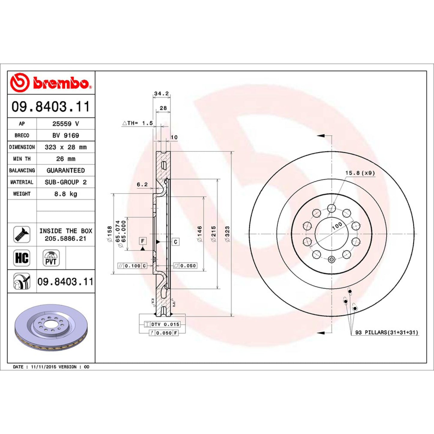 BRE-09.8403.11 - PAR DE DISCOS DE FRENO DELANTEROS PARA SEAT LEON CUPRA R 2003-2006