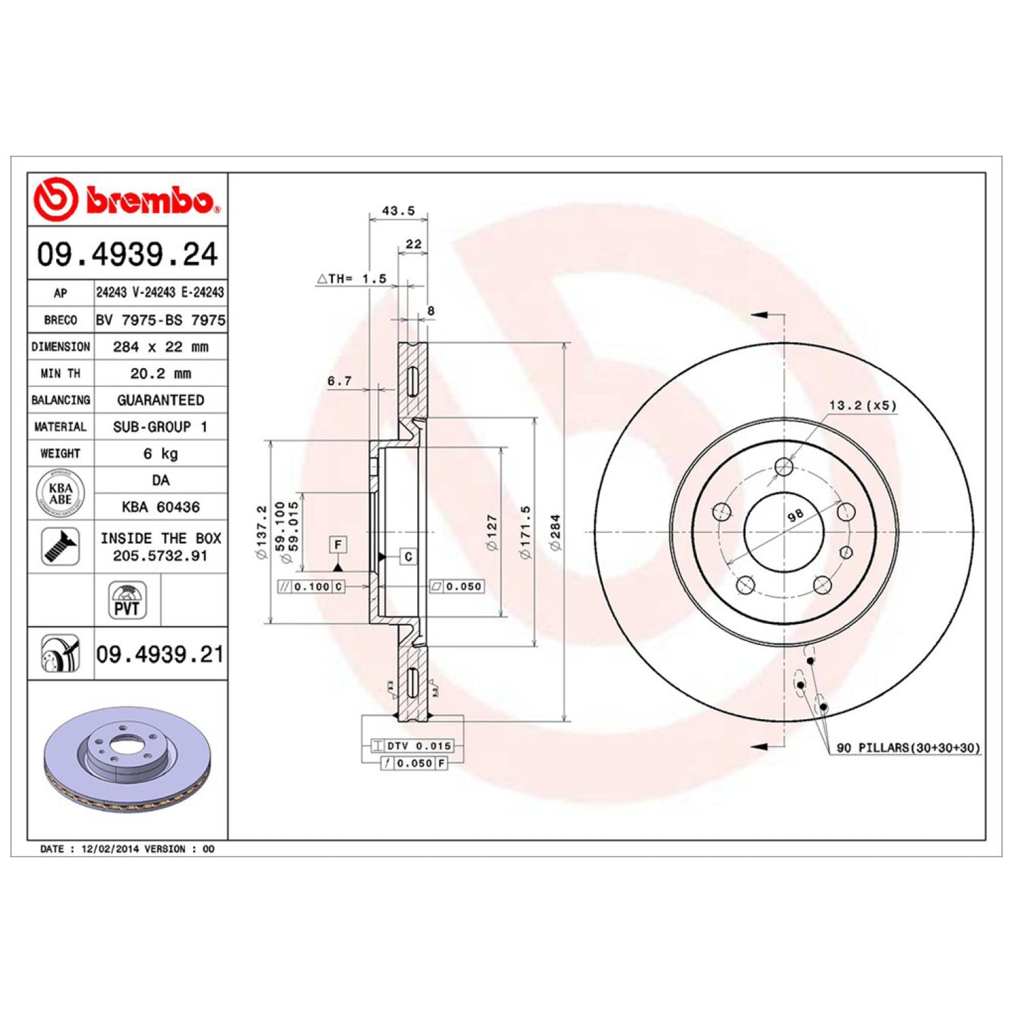 BRE-09.4939.21 - PAR DE DISCOS DE FRENO DELANTEROS PARA ALFA ROMEO 147 BASE 2002-2003