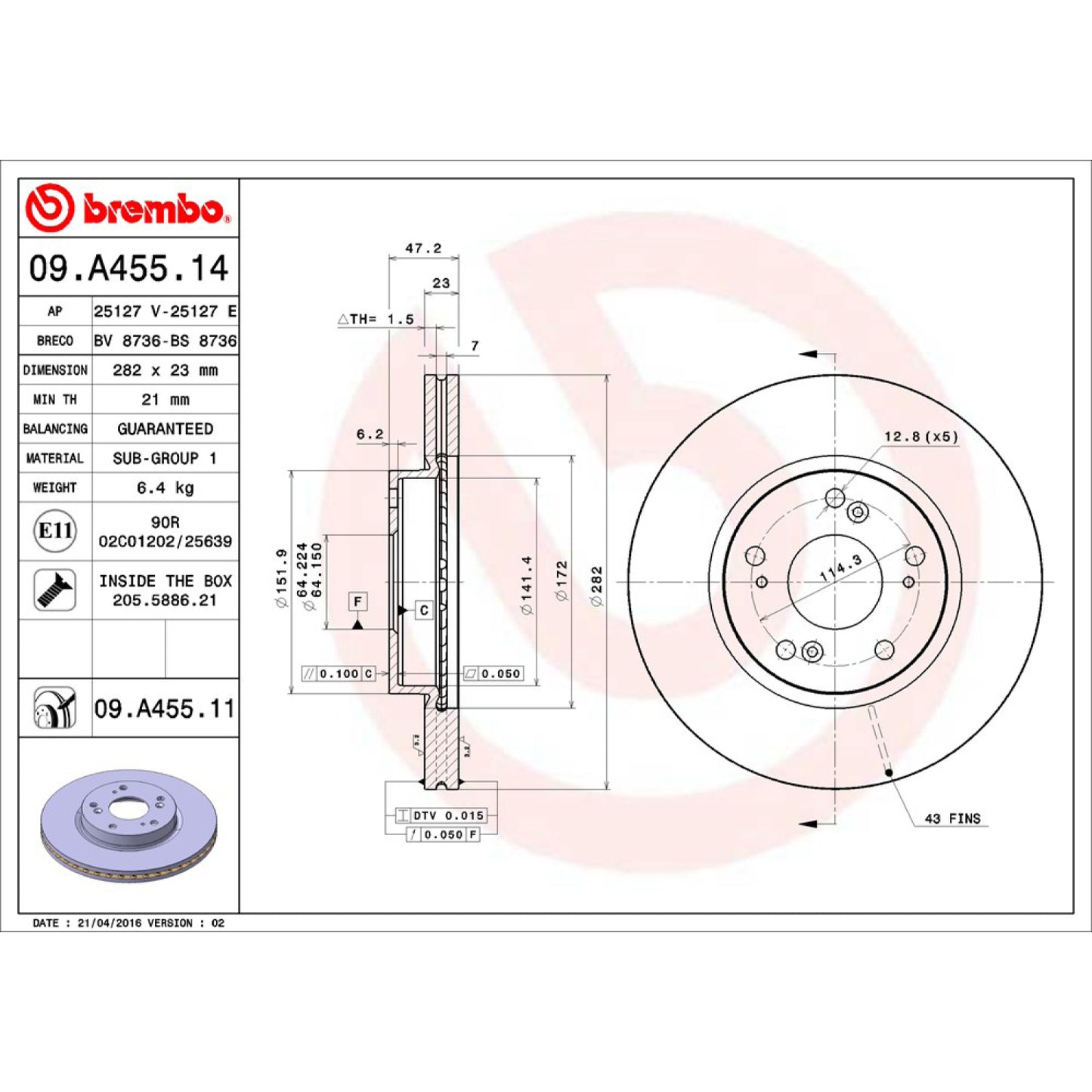 BRE-09.A455.11 - PAR DE DISCOS DE FRENO DELANTEROS PARA HONDA CIVIC NATURAL GAS 2013-2015