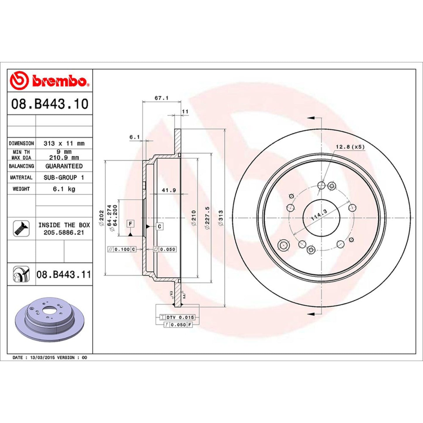 BRE-08.B443.10 - PAR DE DISCOS DE FRENO TRASEROS PARA HONDA ODYSSEY CARGO 2002-2002