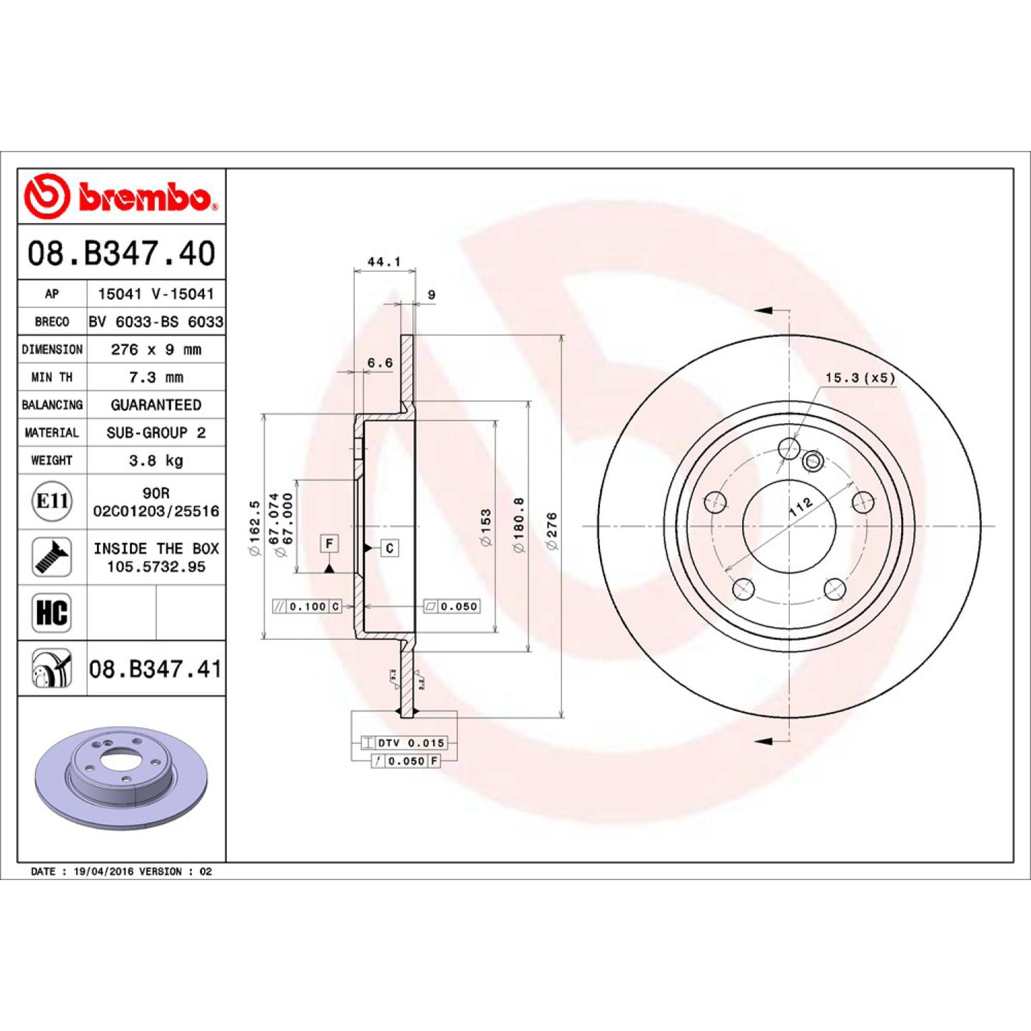 BRE-08.B347.41 - PAR DE DISCOS DE FRENO TRASEROS PARA MERCEDES-BENZ A180 BASE 2013-2016