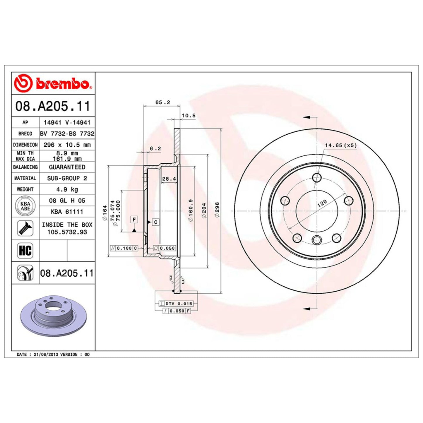 BRE-08.A205.11 - PAR DE DISCOS DE FRENO TRASEROS PARA BMW 120I BASE 2007-2012