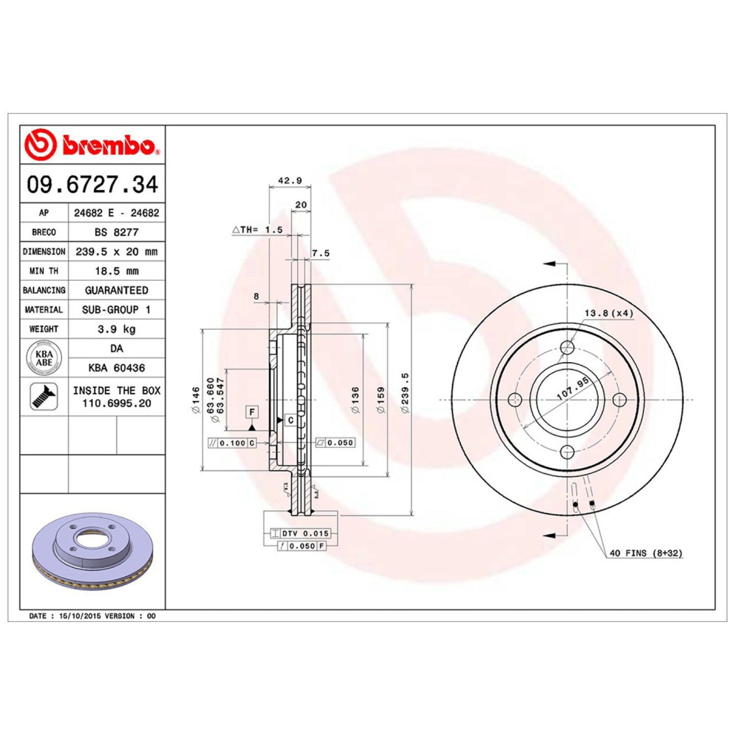 BRE-09.6727.30 - PAR DE DISCOS DE FRENO DELANTEROS PARA FORD FIESTA BASE 1.6 4 2001-2001