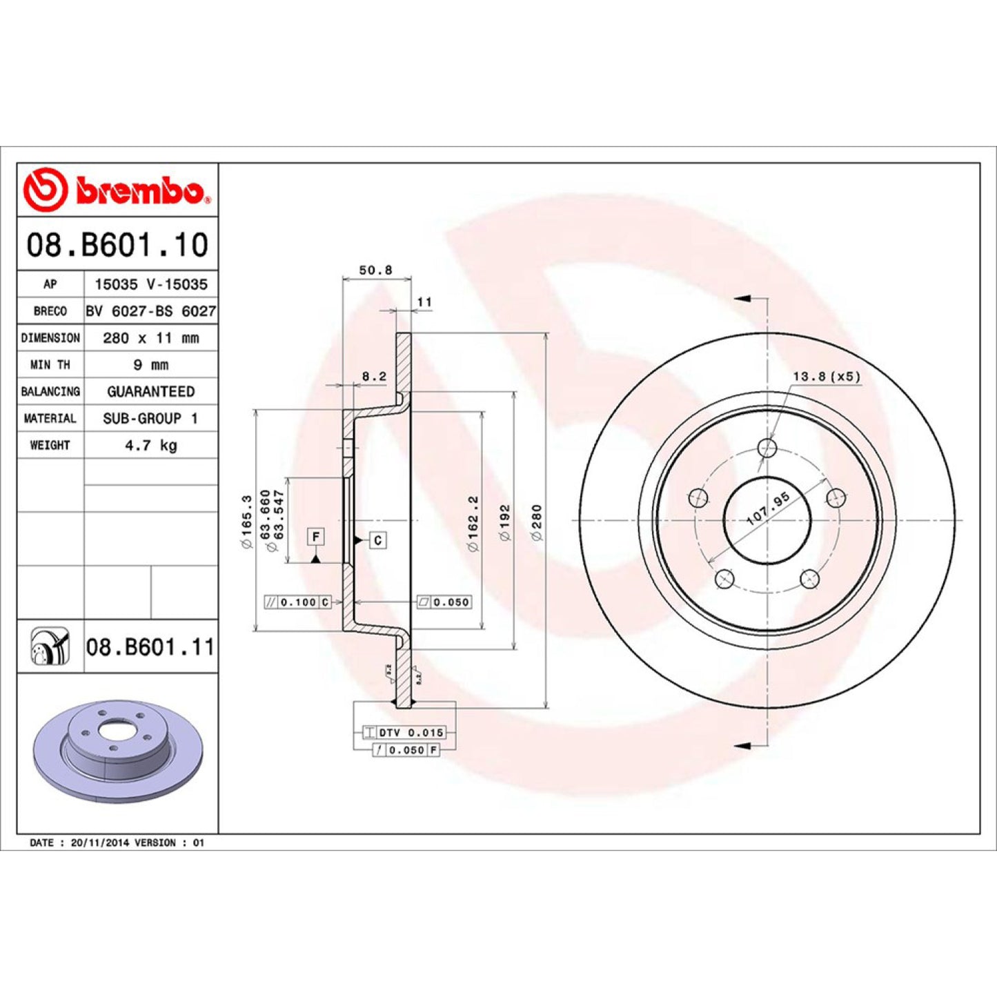 BRE-08.B601.10 - PAR DE DISCOS DE FRENO TRASEROS PARA FORD ESCAPE S 2013-2016