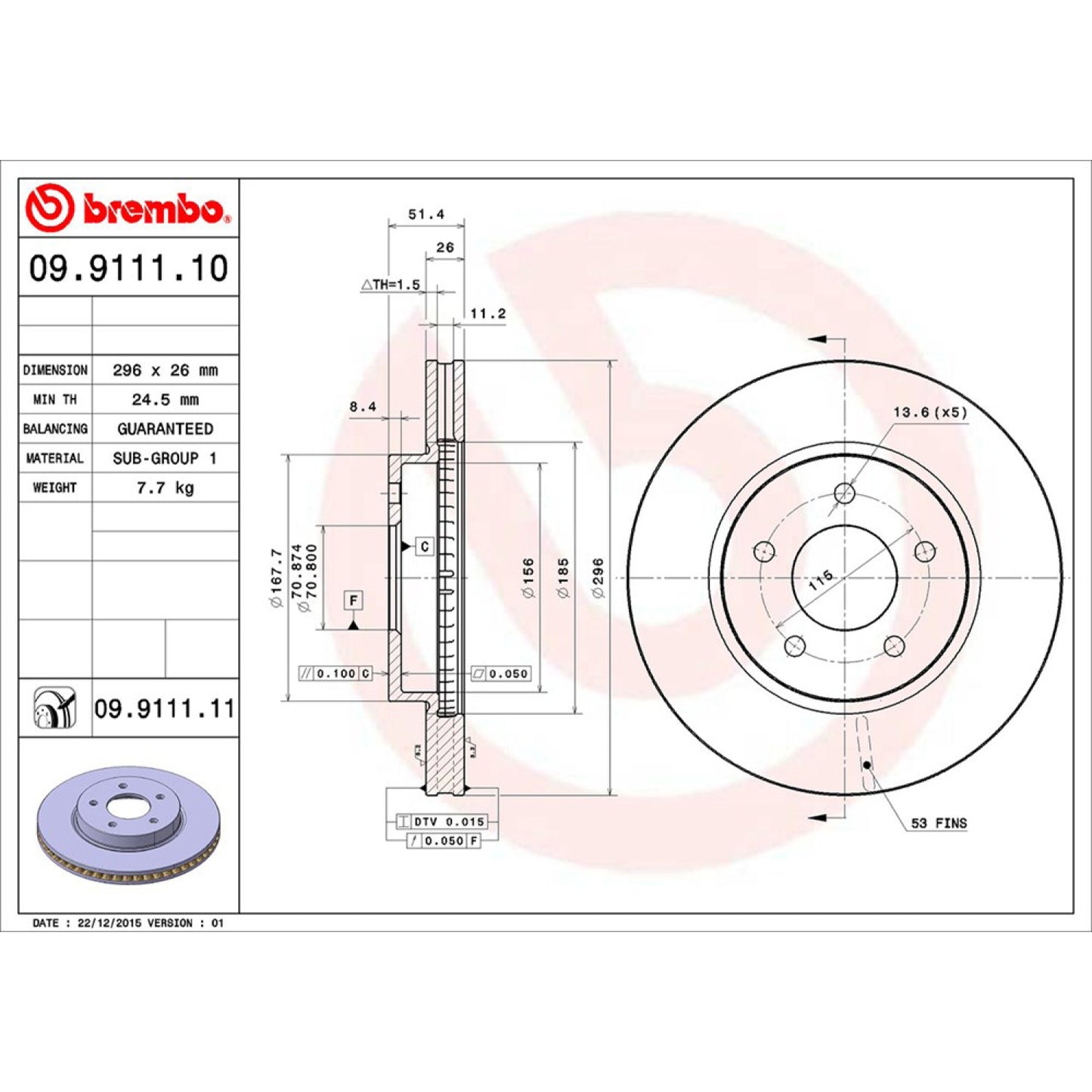 BRE-09.9111.10 - PAR DE DISCOS DE FRENO DELANTEROS PARA CHEVROLET EQUINOX LS 2005-2006