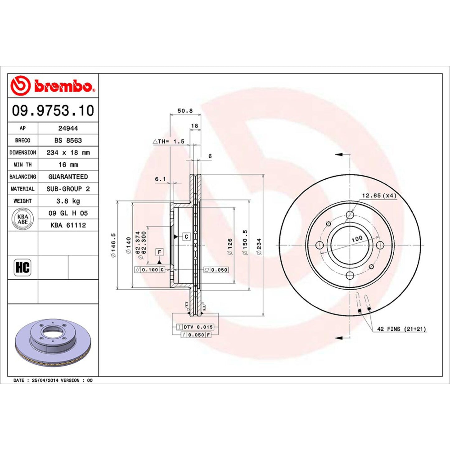 BRE-09.9753.10 - PAR DE DISCOS DE FRENO DELANTEROS PARA DODGE ATOS BASE 2011-2011