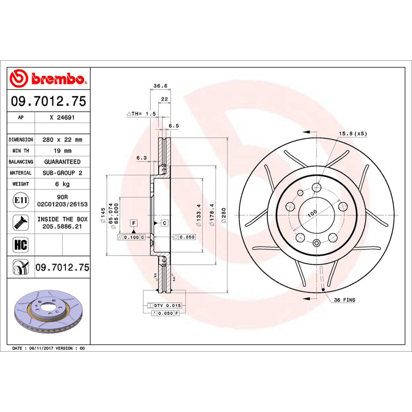 BRE-09.7012.75 - PAR DE DISCOS DE FRENO DELANTEROS PARA SEAT LEON SIGNO 2003-2004