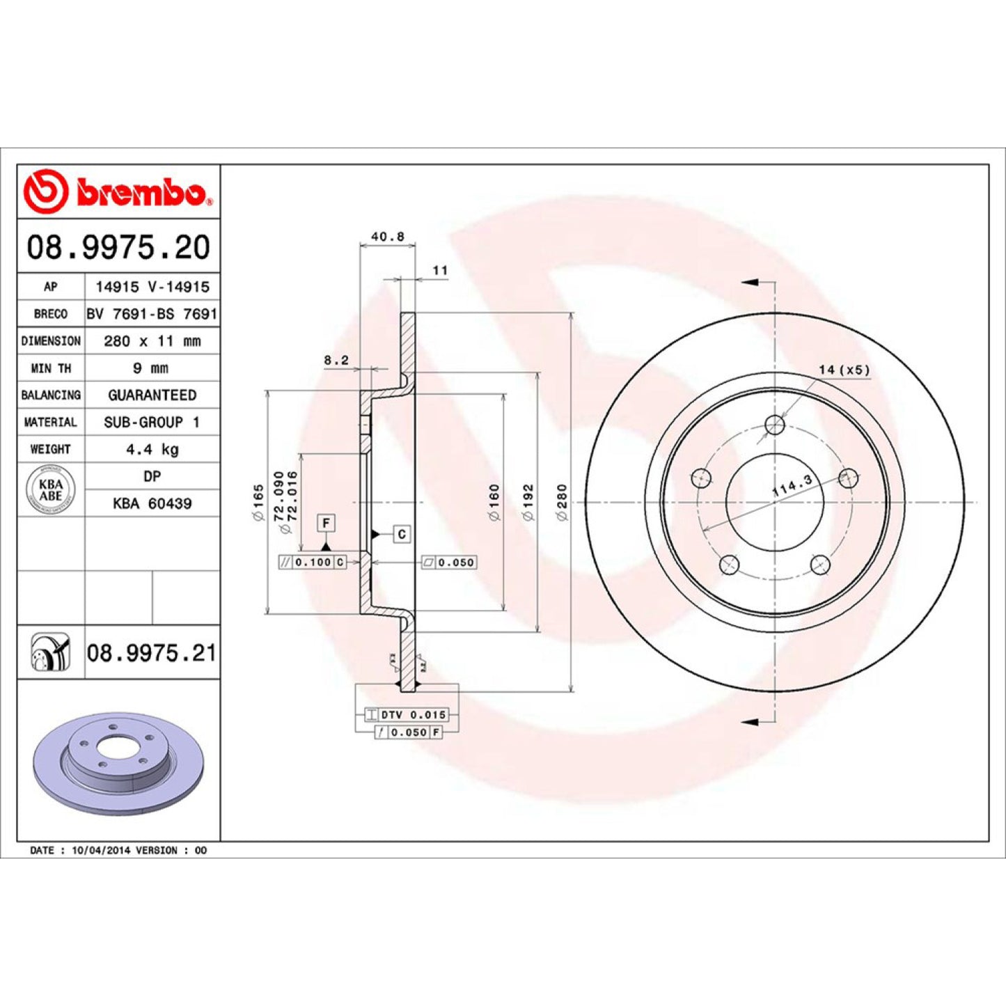 BRE-08.9975.20 - PAR DE DISCOS DE FRENO TRASEROS PARA MAZDA 3 GRAND TOURING 2010-2013