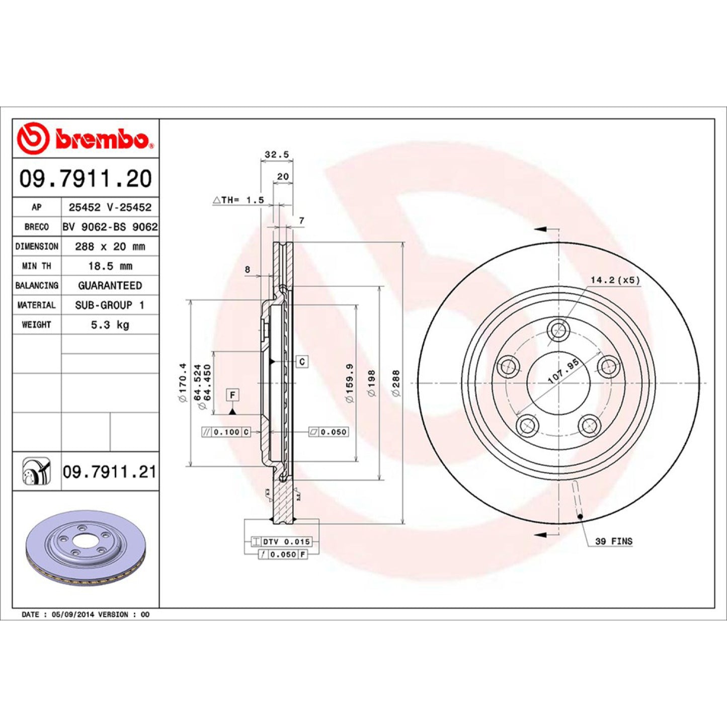 BRE-09.7911.20 - PAR DE DISCOS DE FRENO TRASEROS PARA FORD THUNDERBIRD BASE 2002-2005