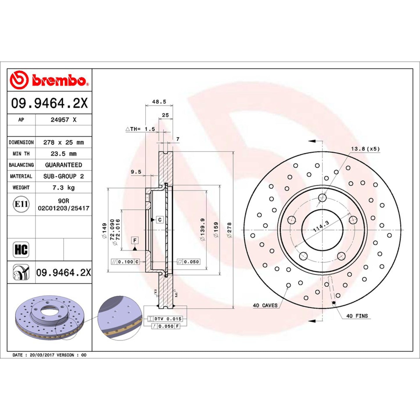 BRE-09.9464.2X - PAR DE DISCOS DE FRENO DELANTEROS PARA MAZDA 3 GS 2004-2012