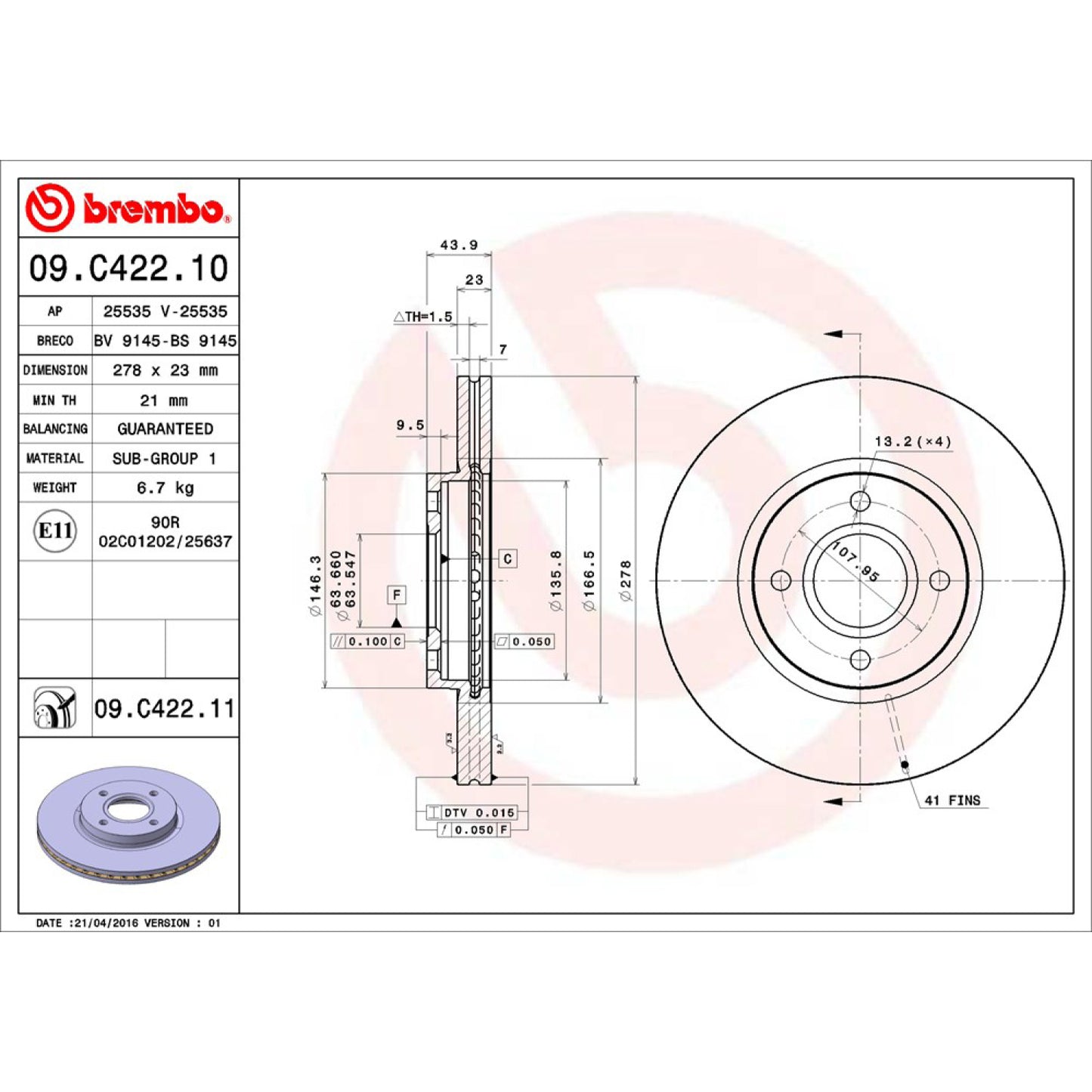 BRE-09.C422.11 - PAR DE DISCOS DE FRENO DELANTEROS PARA FORD FIESTA ST 2014-2019