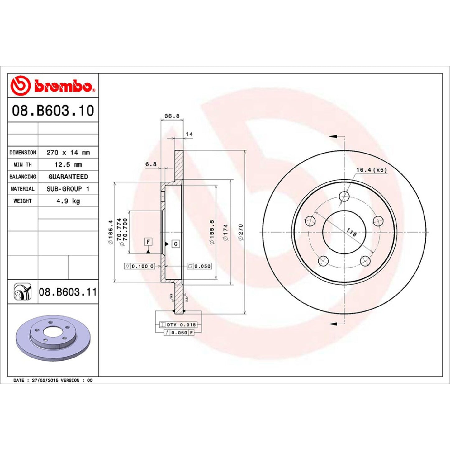 BRE-08.B603.10 - PAR DE DISCOS DE FRENO TRASEROS PARA BUICK LACROSSE CX 2005-2007