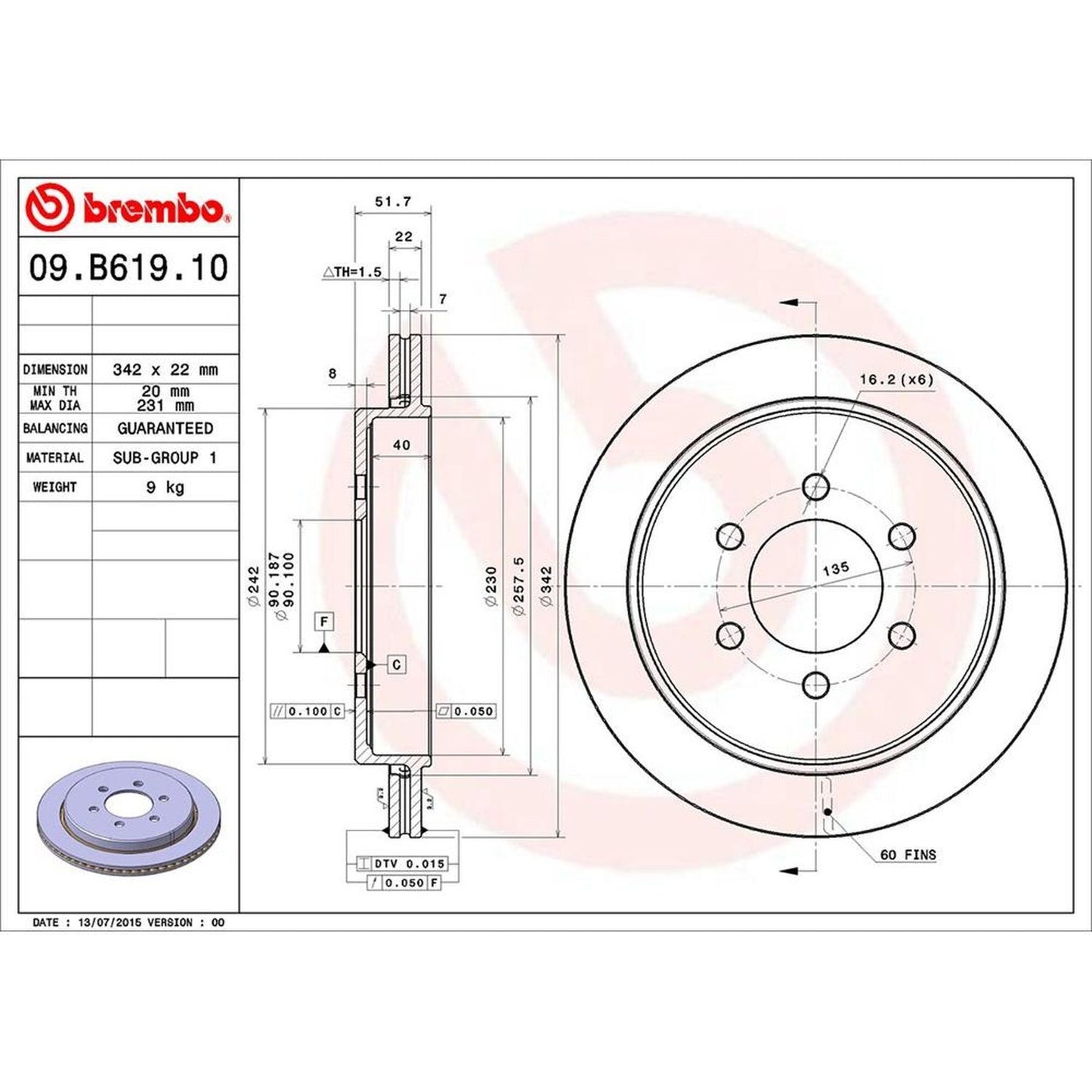 BRE-09.B619.10 - PAR DE DISCOS DE FRENO TRASEROS PARA FORD EXPEDITION EDDIE BAUER 2003-2006