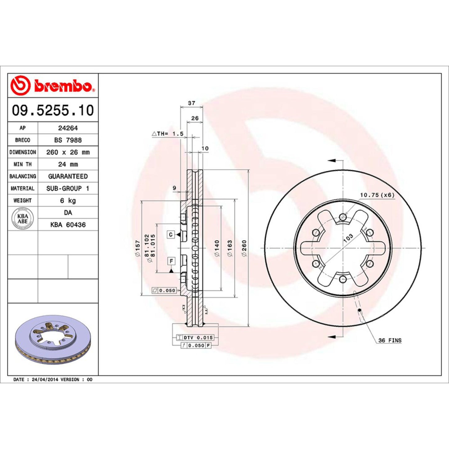 BRE-09.5255.10 - PAR DE DISCOS DE FRENO DELANTEROS PARA NISSAN NP300 BASE 2009-2015