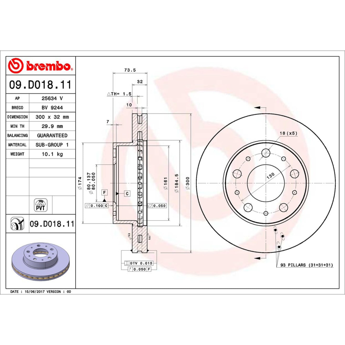 BRE-09.D018.11 - PAR DE DISCOS DE FRENO DELANTEROS PARA RAM PROMASTER 1500 BASE 2014-2019