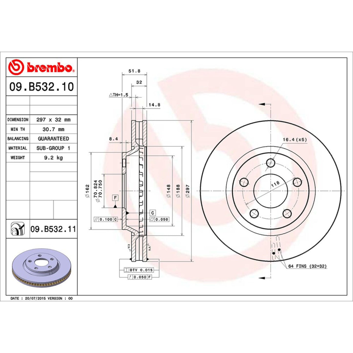 BRE-09.B532.10 - PAR DE DISCOS DE FRENO DELANTEROS PARA PONTIAC GRAND PRIX BASE 2005-2008