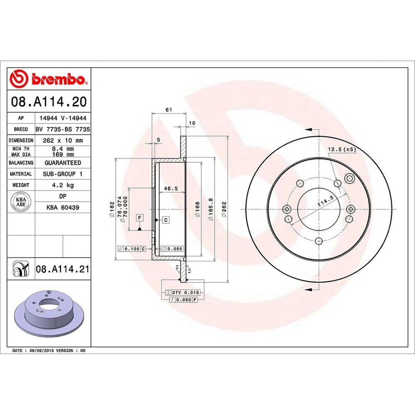 BRE-08.A114.21 - PAR DE DISCOS DE FRENO TRASEROS PARA HYUNDAI TUCSON 25TH ANNIVERSARY EDITION 2009-2009