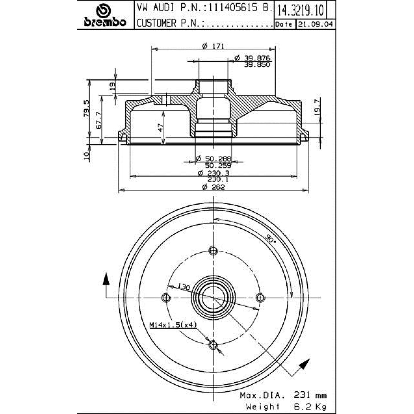 BRE-14.3219.10 - PAR DE TAMBORES DE FRENO DELANTEROS PARA VOLKSWAGEN BEETLE BASE 1968-1977