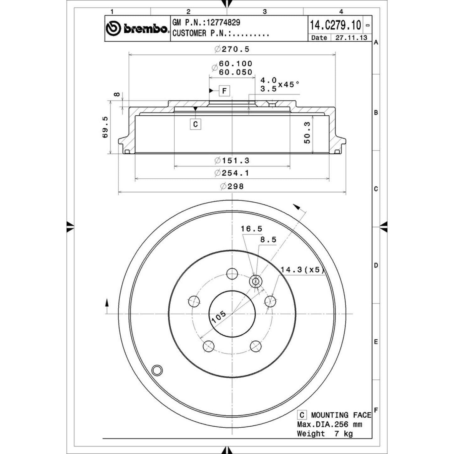 BRE-14.C279.10 - PAR DE TAMBORES DE FRENO TRASEROS PARA CHEVROLET CRUZE BASE 2010-2012