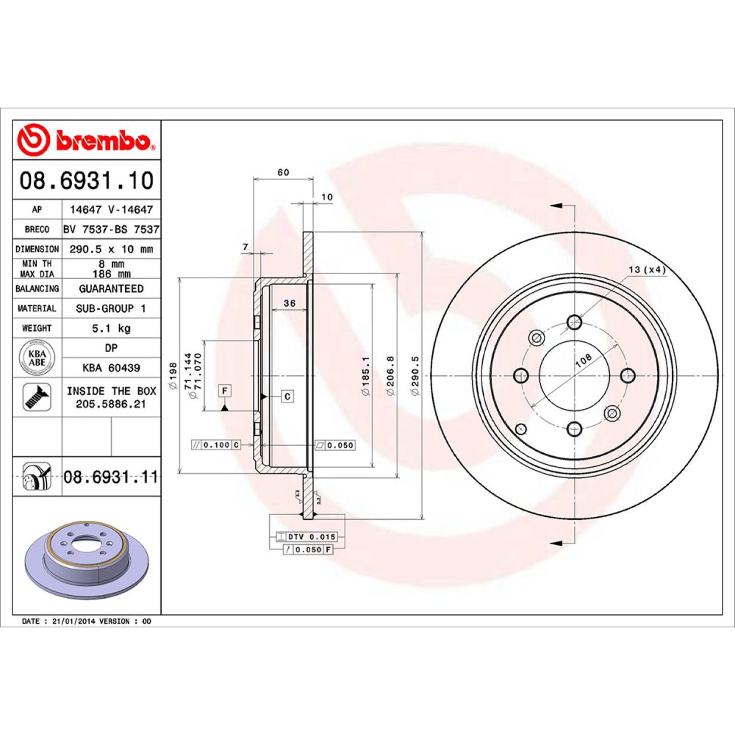 BRE-08.6931.10 - PAR DE DISCOS DE FRENO TRASEROS PARA PEUGEOT 406 BASE 2000-2002