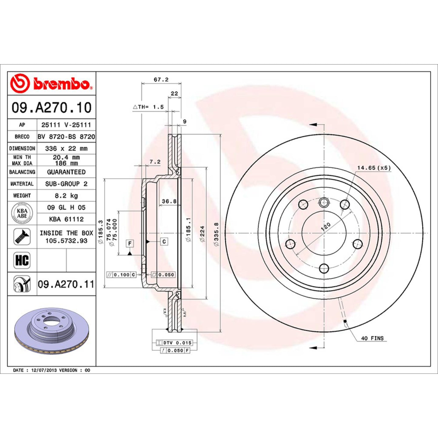BRE-09.A270.10 - PAR DE DISCOS DE FRENO TRASEROS PARA BMW 330I BASE 2006-2006
