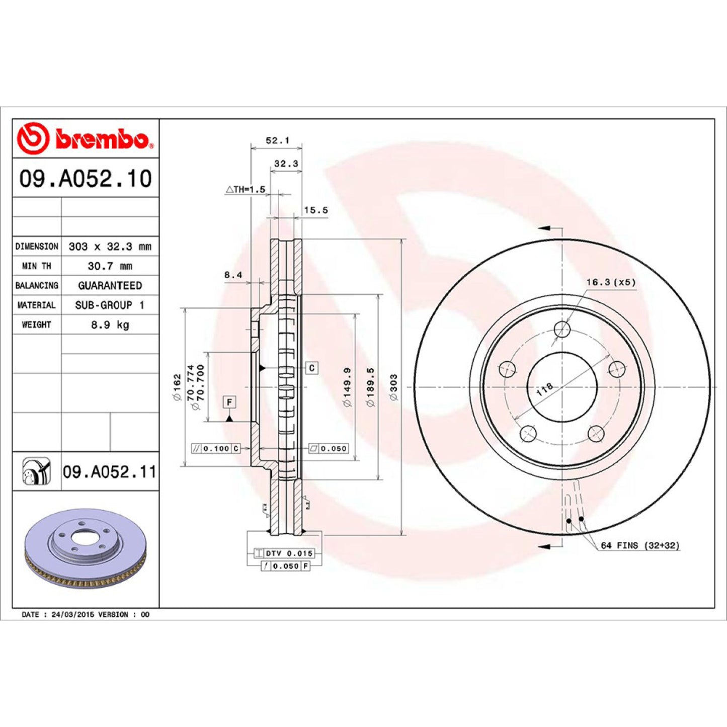 BRE-09.A052.10 - PAR DE DISCOS DE FRENO DELANTEROS PARA BUICK PARK AVENUE BASE 1997-2005