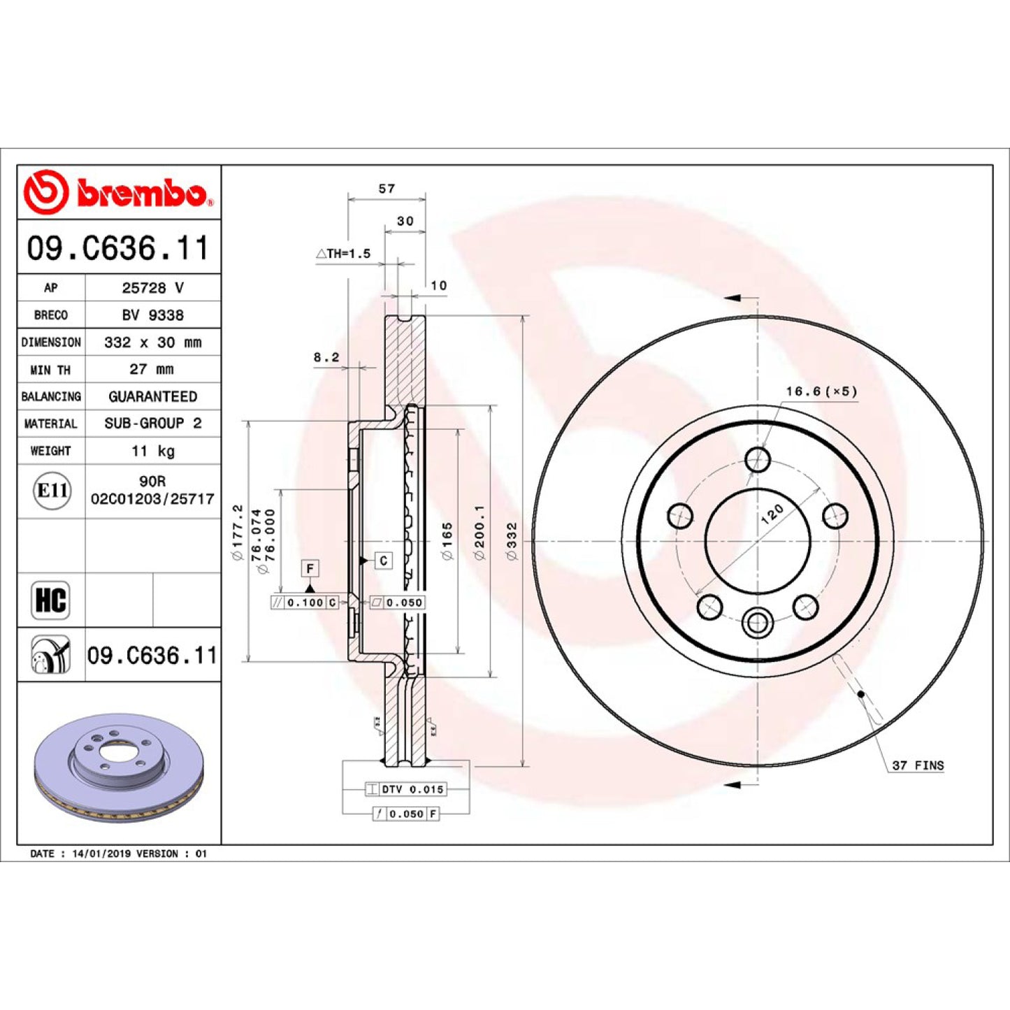 BRE-09.C636.11 - PAR DE DISCOS DE FRENO DELANTEROS PARA VOLKSWAGEN AMAROK HIGHLINE 2018-2020