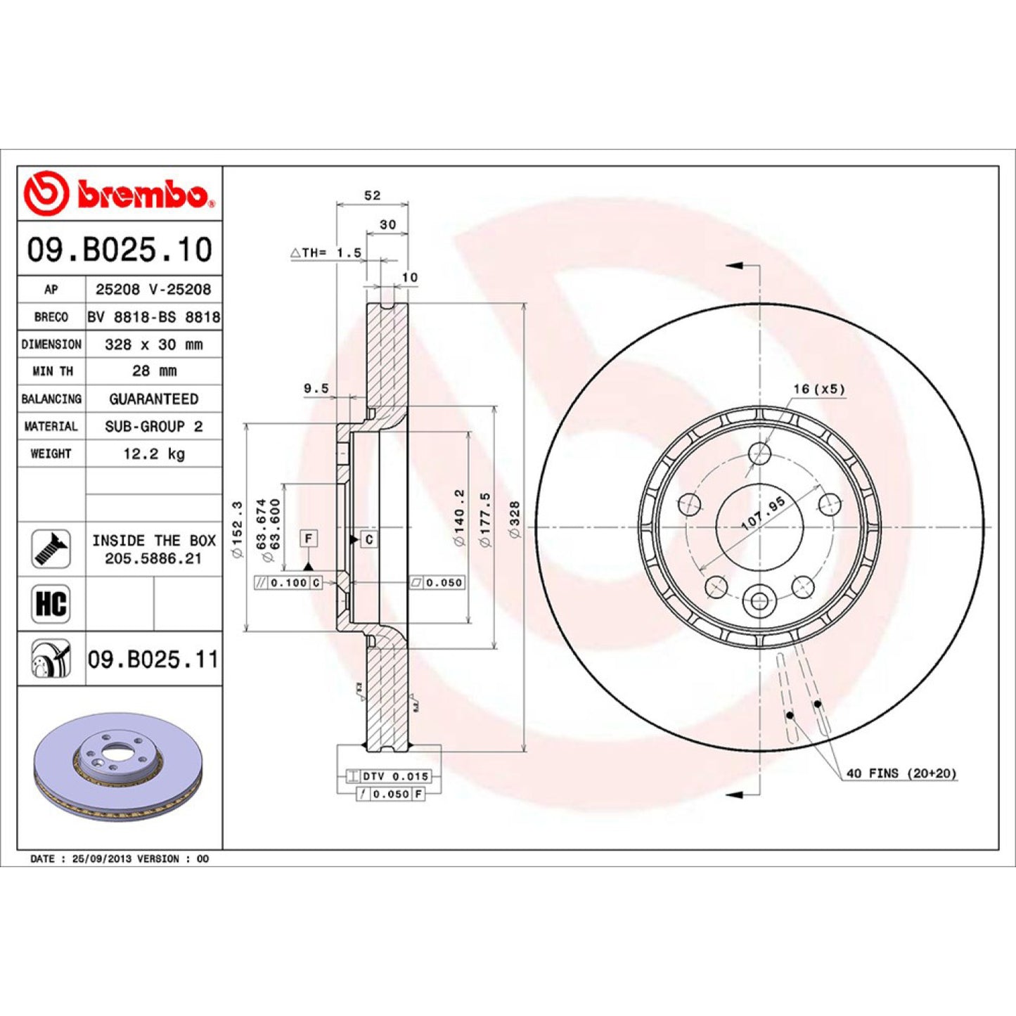 BRE-09.B025.10 - PAR DE DISCOS DE FRENO DELANTEROS PARA VOLVO XC60 3.2 2013-2015