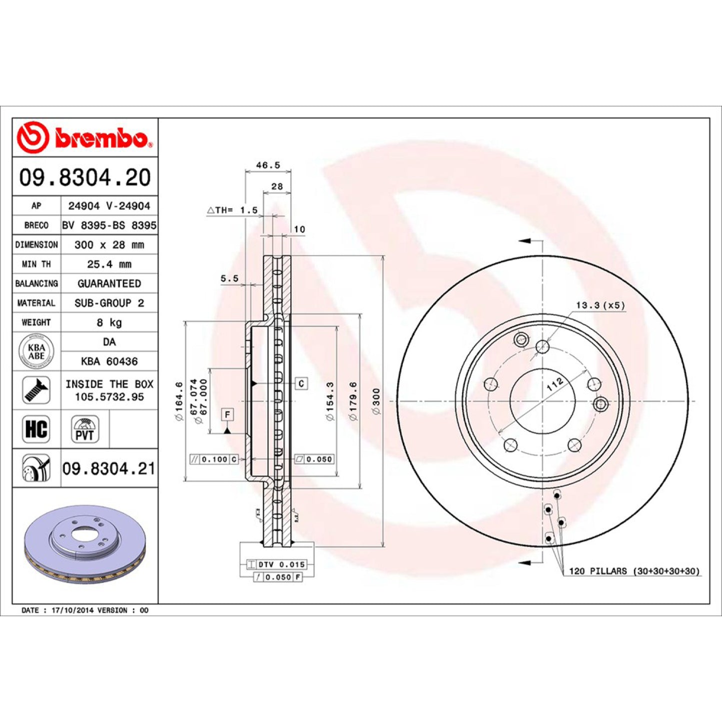 BRE-09.8304.20 - PAR DE DISCOS DE FRENO DELANTEROS PARA MERCEDES-BENZ CLK320 BASE 2004-2005