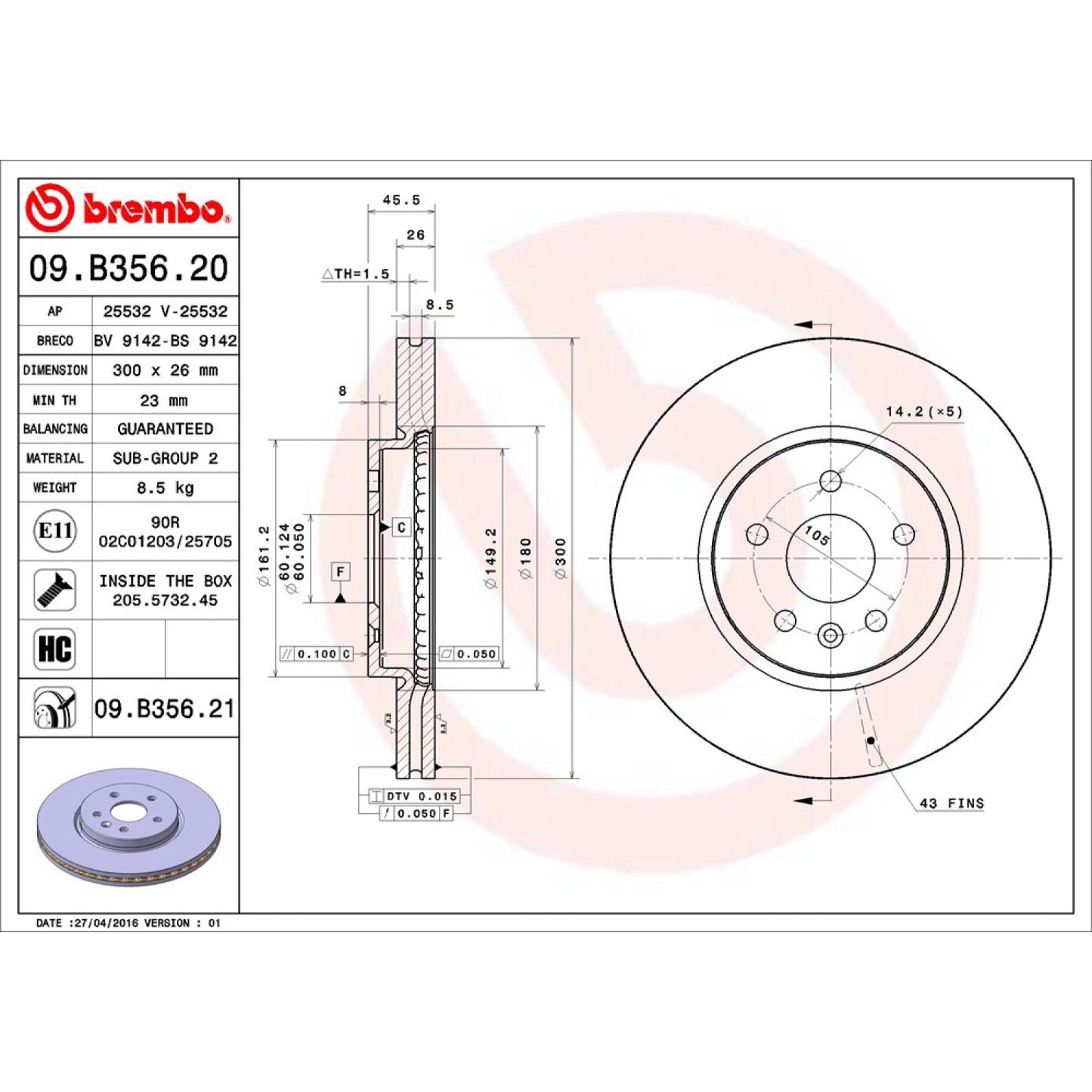 BRE-09.B356.20 - PAR DE DISCOS DE FRENO DELANTEROS PARA CHEVROLET SONIC RS 2013-2016