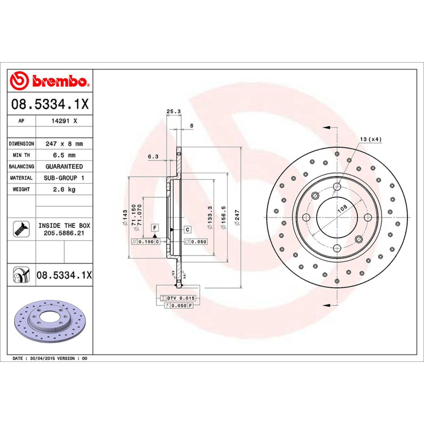 BRE-08.5334.1X - PAR DE DISCOS DE FRENO TRASEROS PARA PEUGEOT 206 BASE 2007-2007