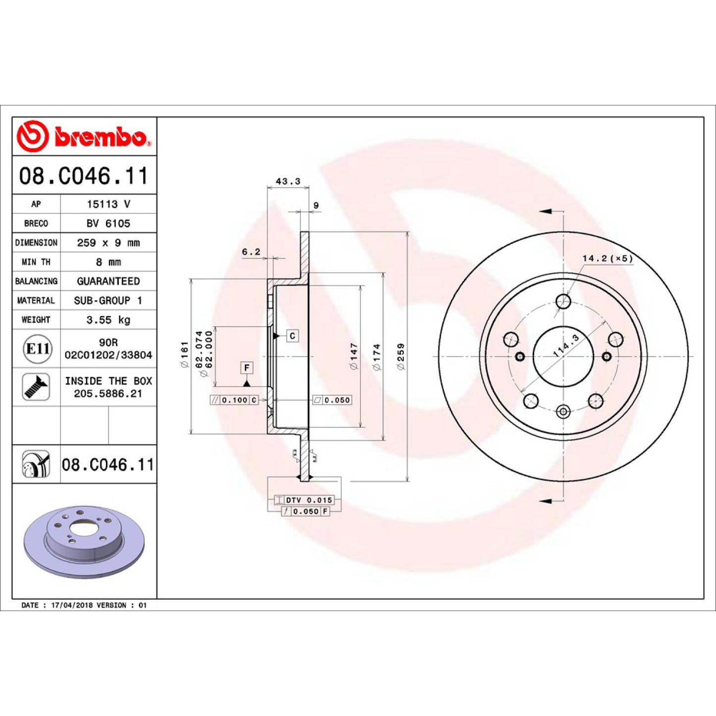 BRE-08.C046.11 - PAR DE DISCOS DE FRENO TRASEROS PARA SUZUKI S-CROSS GL 2014-2018