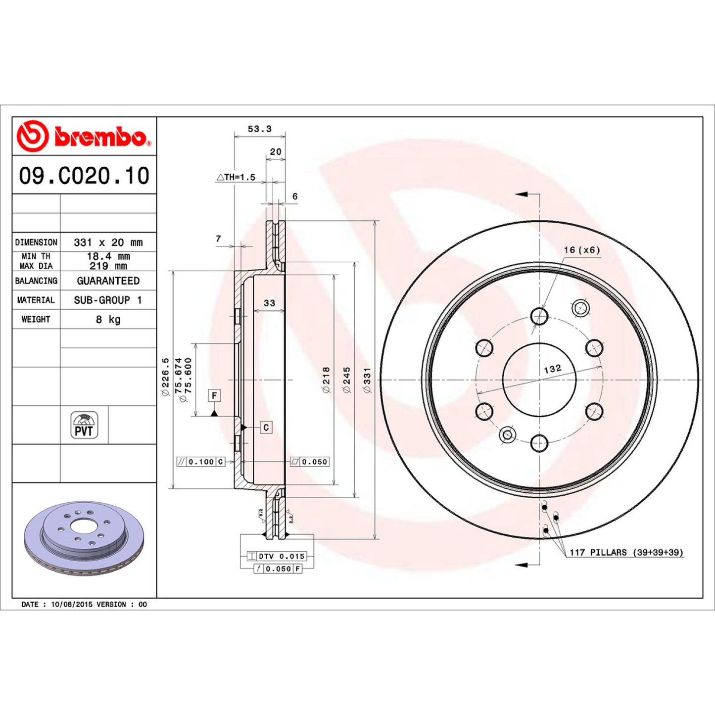 BRE-09.C020.10 - PAR DE DISCOS DE FRENO TRASEROS PARA CHEVROLET TRAVERSE BASE 2011-2016
