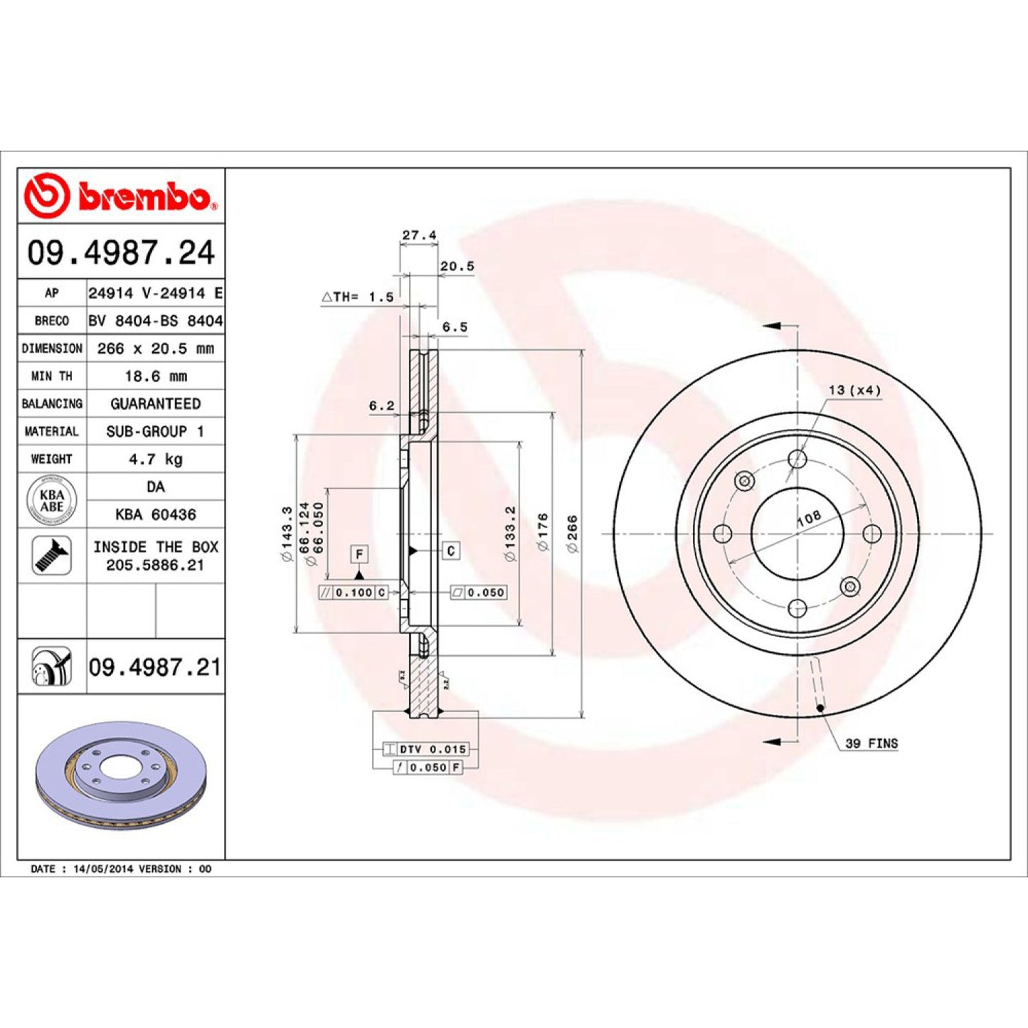 BRE-09.4987.20 - PAR DE DISCOS DE FRENO DELANTEROS PARA PEUGEOT 206 BASE 2007-2007
