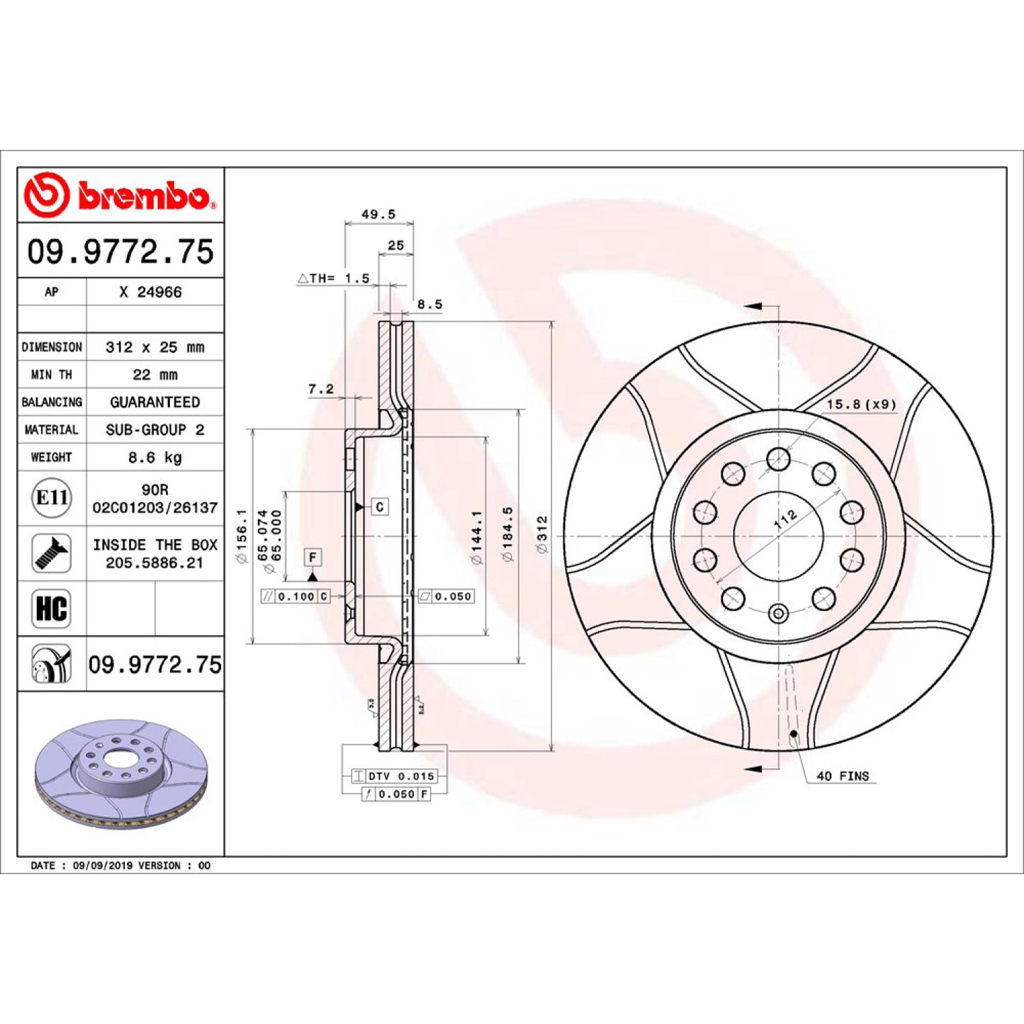 BRE-09.9772.75 - PAR DE DISCOS DE FRENO DELANTEROS PARA AUDI A1 COOL 2011-2014