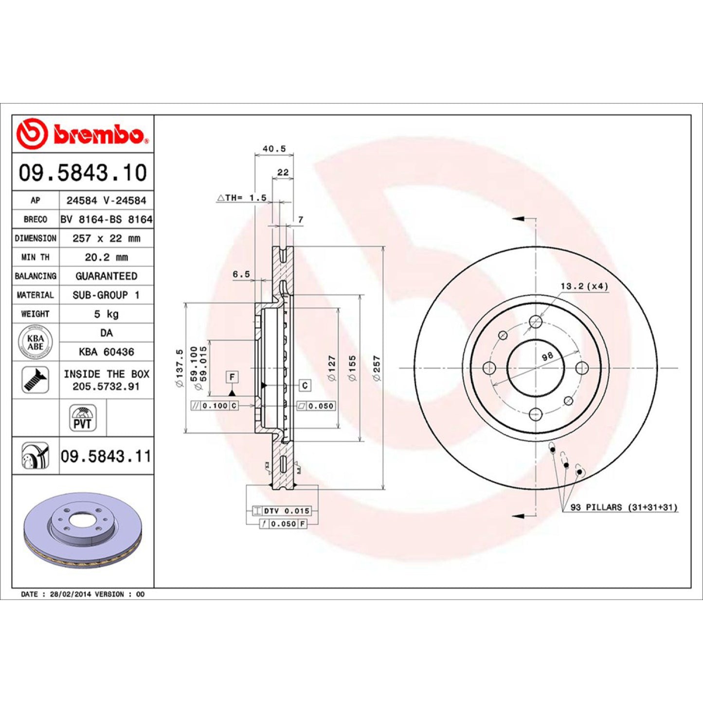 BRE-09.5843.10 - PAR DE DISCOS DE FRENO DELANTEROS PARA DODGE VISION BASE 2015-2018