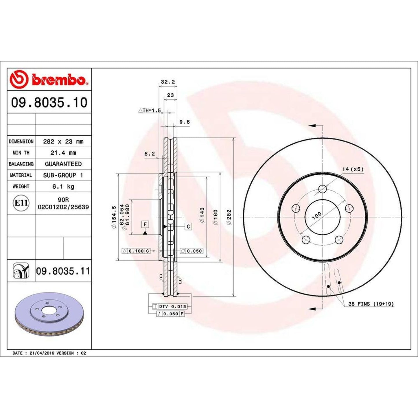 BRE-09.8035.11 - PAR DE DISCOS DE FRENO DELANTEROS PARA CHRYSLER CIRRUS BASE 1996-2000
