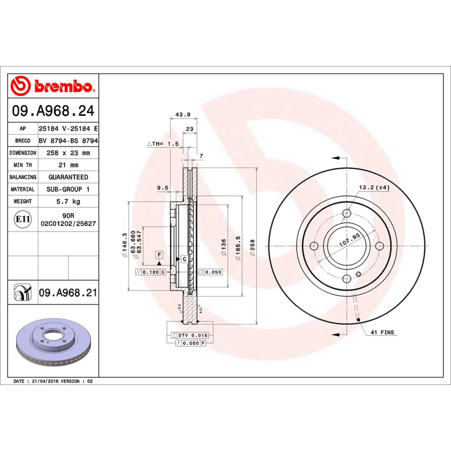 BRE-09.A968.20 - PAR DE DISCOS DE FRENO DELANTEROS PARA FORD FIESTA BASE 2011-2011