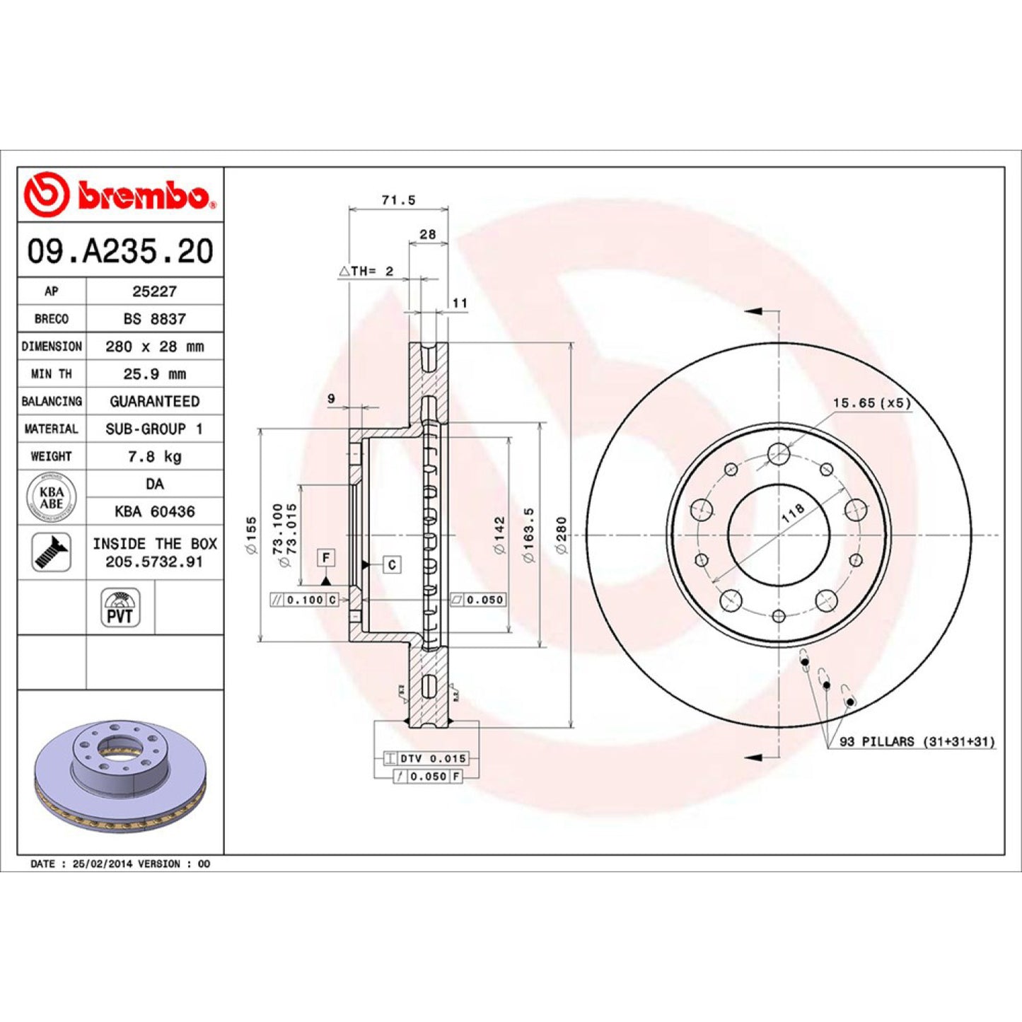 BRE-09.A235.20 - PAR DE DISCOS DE FRENO DELANTEROS PARA FIAT DUCATO BASE 2008-2019