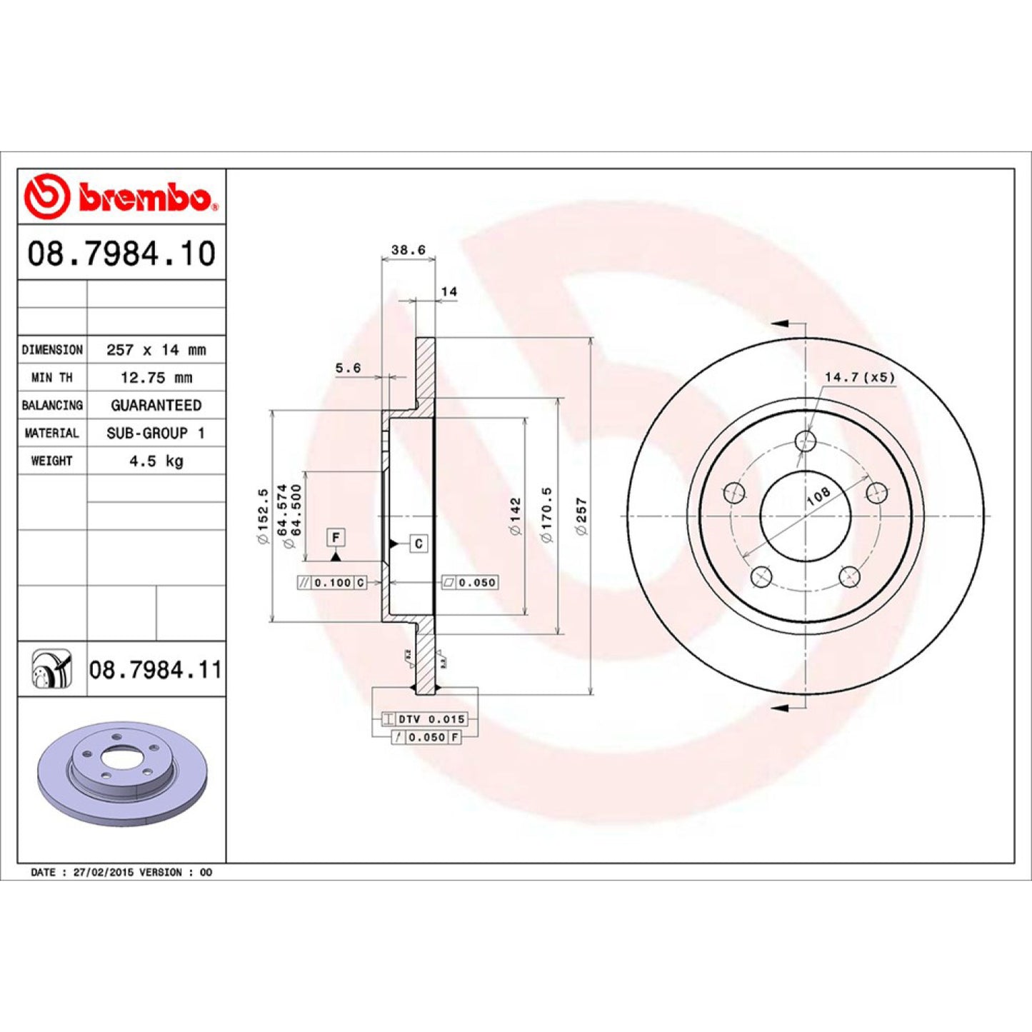 BRE-08.7984.10 - PAR DE DISCOS DE FRENO TRASEROS PARA FORD TAURUS GL 1993-1997