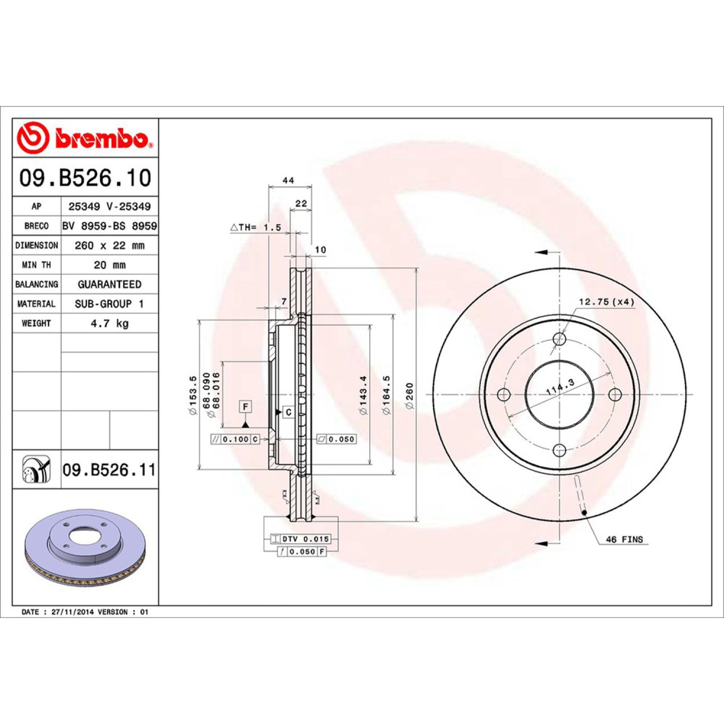BRE-09.B526.10 - PAR DE DISCOS DE FRENO DELANTEROS PARA NISSAN TIIDA ADVANCE 2014-2018