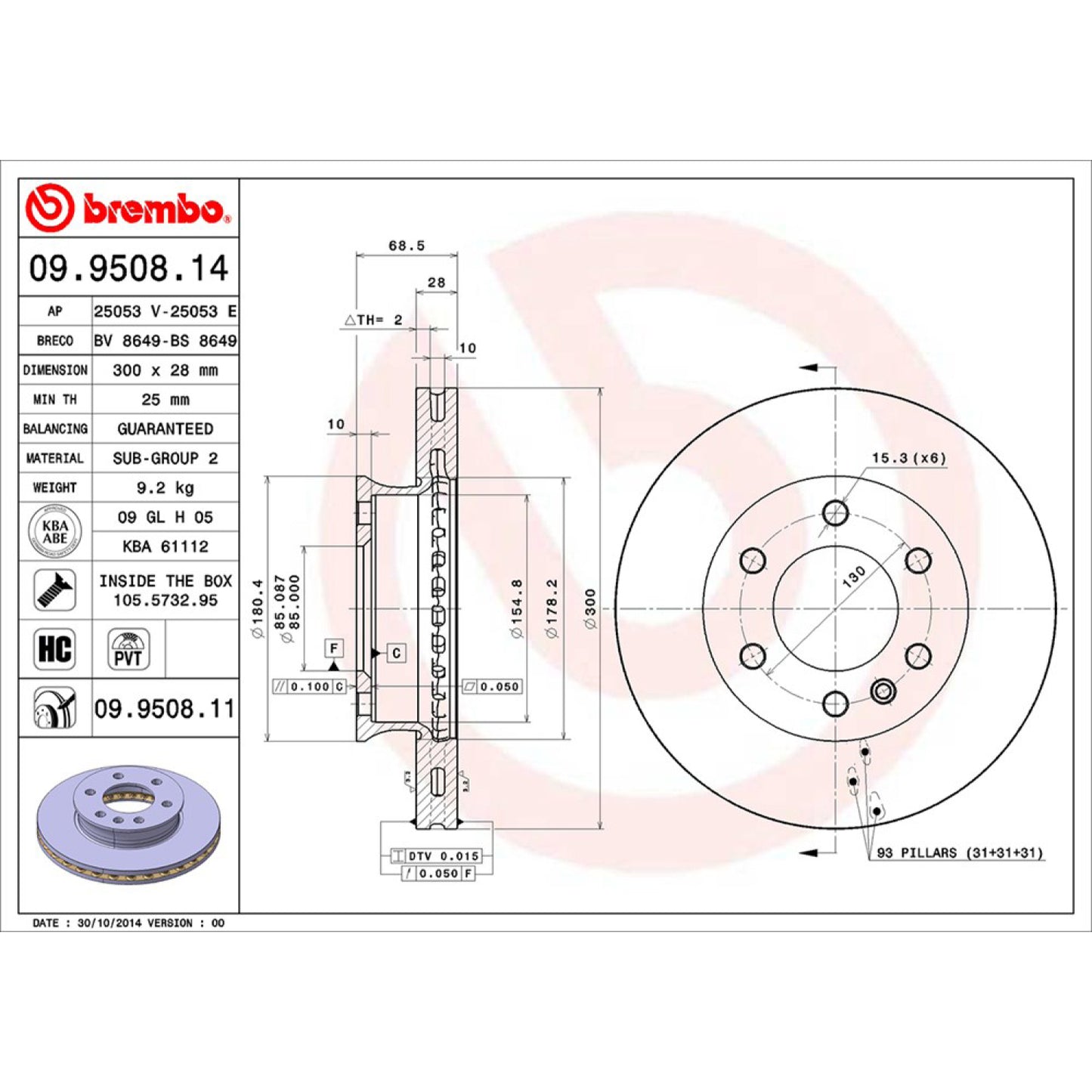 BRE-09.9508.10 - PAR DE DISCOS DE FRENO DELANTEROS PARA MERCEDES-BENZ SPRINTER 311 CDI 2017-2019